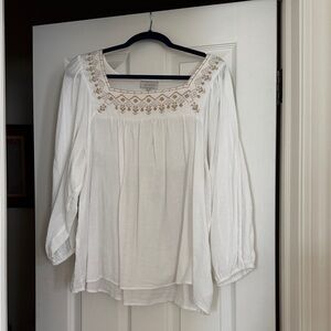 Lucky Brand White Blouse with Gold Embroidery
